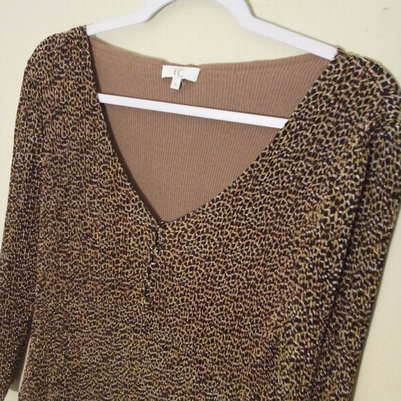 CC Blouse S 3/4 Sleeve Soft Stretch Ribbed Asymmetrical Animal Print Brown Black - Picture 8 of 15